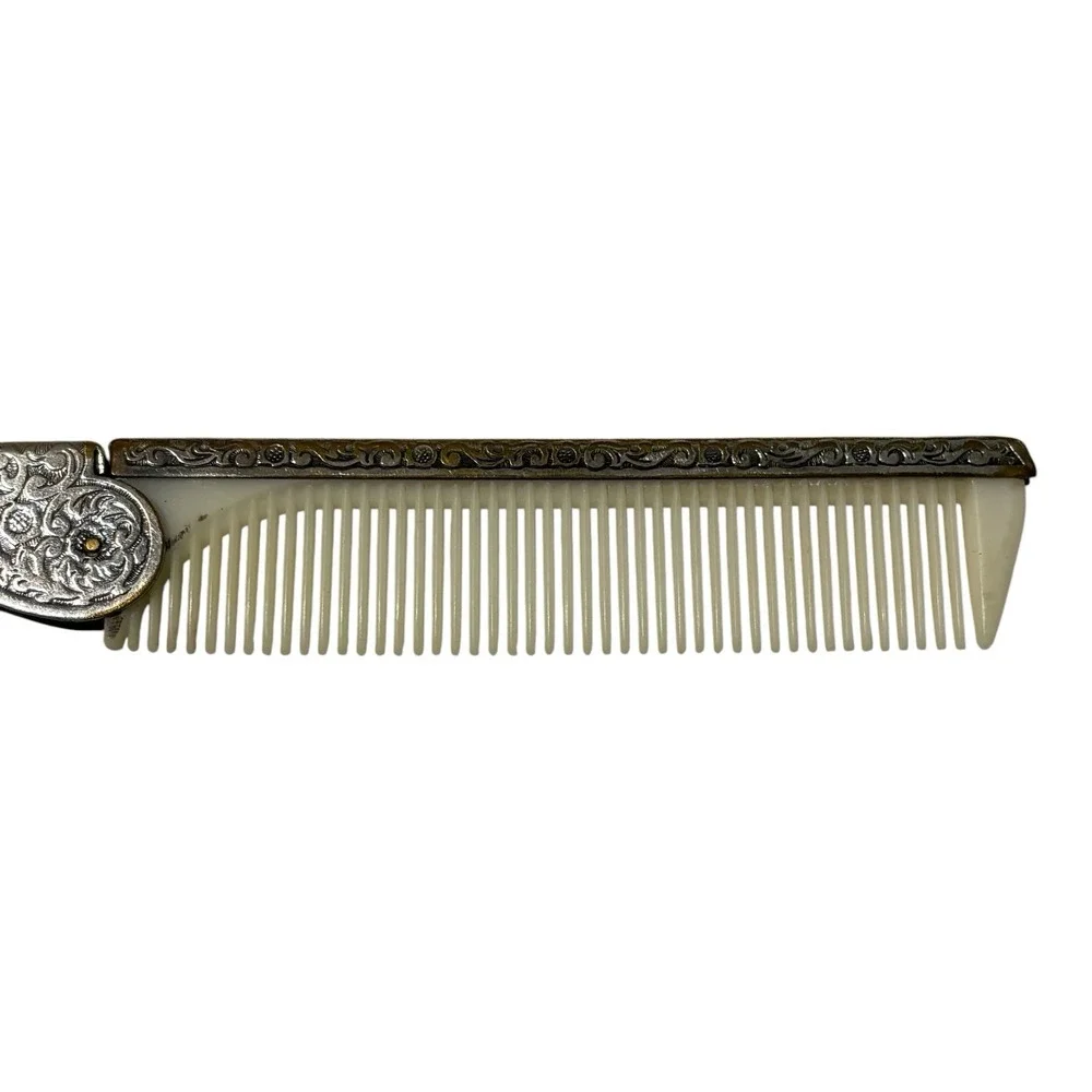 Vintage Silver Tone Mini Hand Mirror Folding Comb Set Floral Engraved Vanity